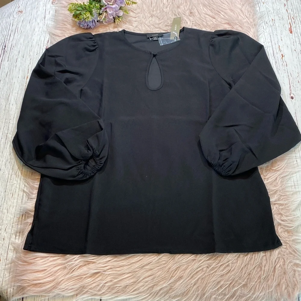 NWT J. Crew Puff Sleeve Satin-Back Crepe Top Black sz MT